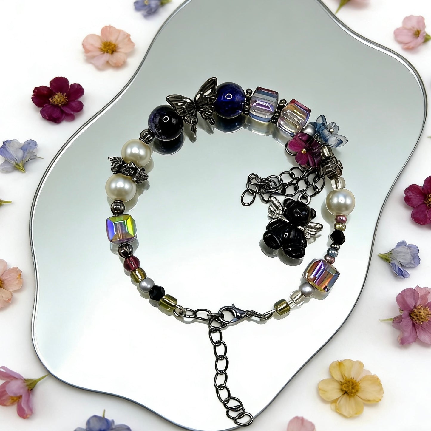【Q789】エターナルネイビー 陶磁器*花*チャーム*チビビーズ*瑠璃