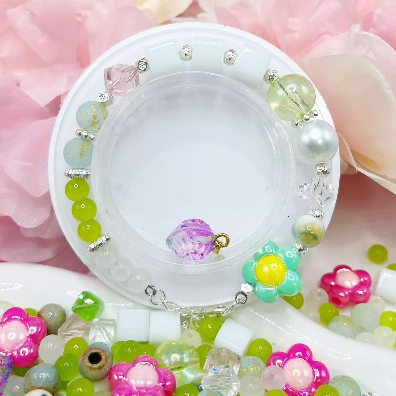 【Q109】花の歌 陶磁器*6MMガラス猫目*アクリル*色チェーン瑠璃