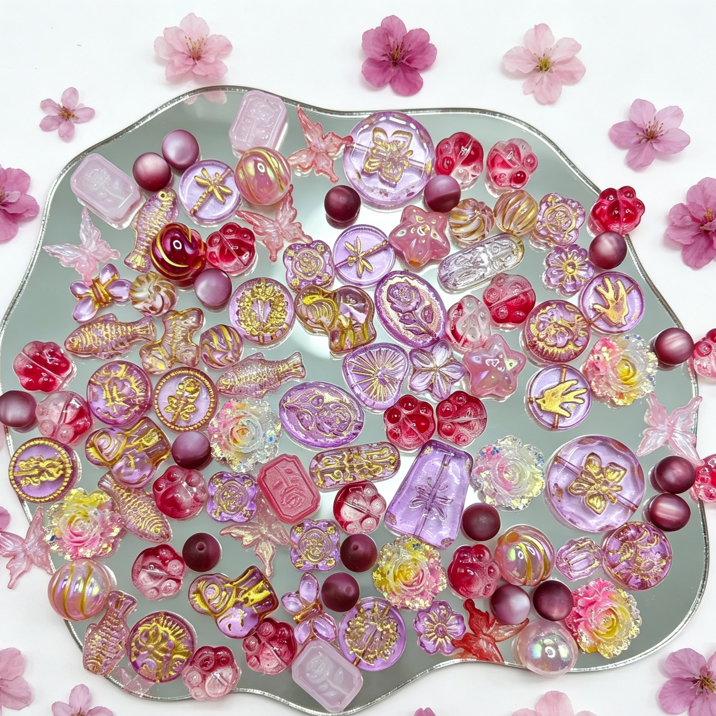【Q1399】薄桃の金箔　樹脂*花*瑠璃