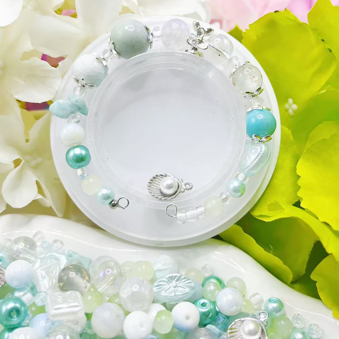 【Q179】シャーベットメロン *樹脂*花*色チェーンビーズ*高級キラキラ*高級アクリル*瑠璃