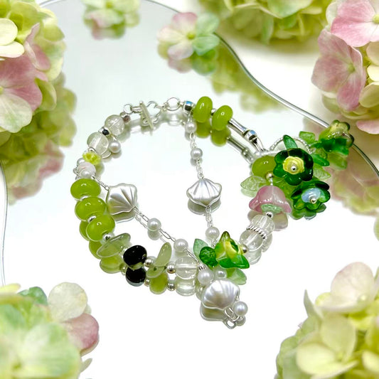 【Q790】レモンポップ 陶磁器*キャツアイ*花*葉っぱ*チャーム*瑠璃