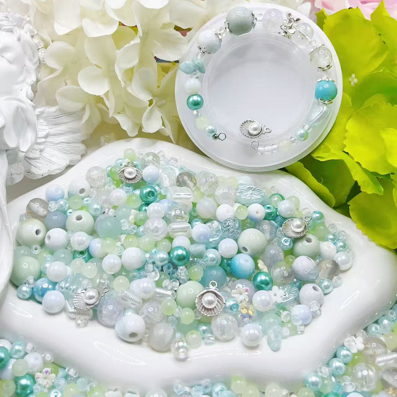 【Q179】シャーベットメロン *樹脂*花*色チェーンビーズ*高級キラキラ*高級アクリル*瑠璃