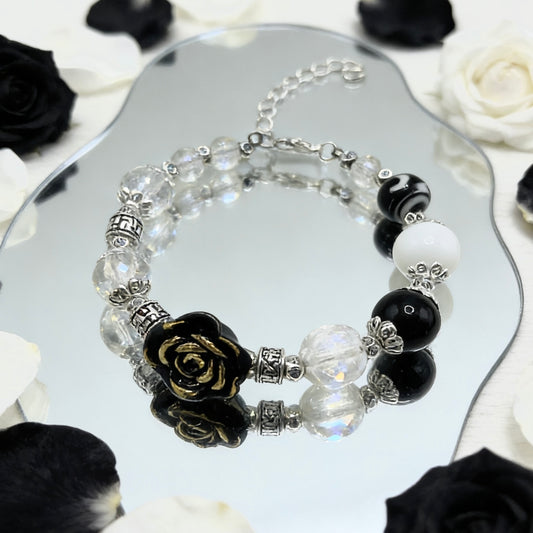 【Q599】黒白ローザ　石*陶磁器*瑠璃*高級アクリル