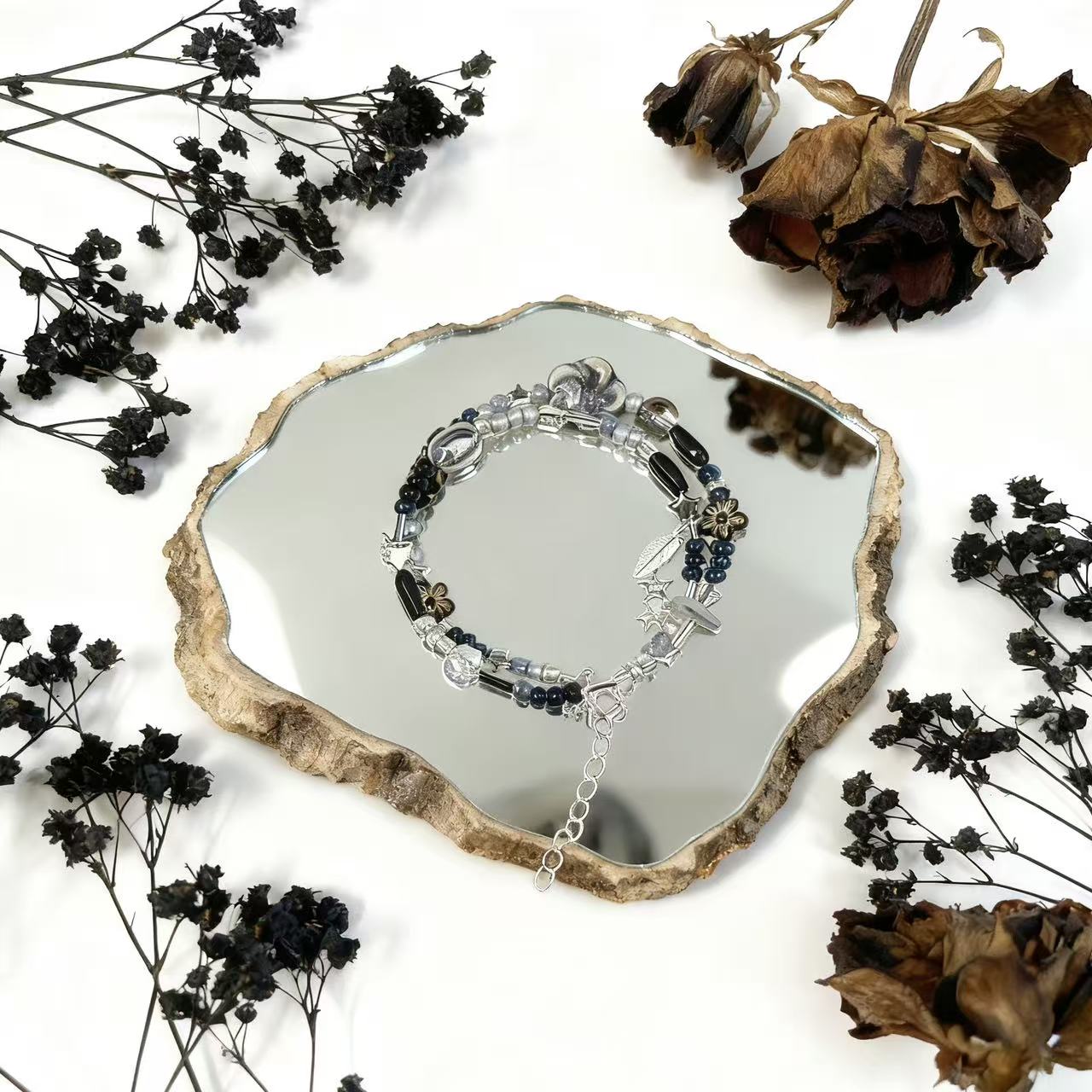 【Q471】旋律 石さざれ石*火山岩*陶磁器*高級ガラス*蝶々チャーム*高級アクリル