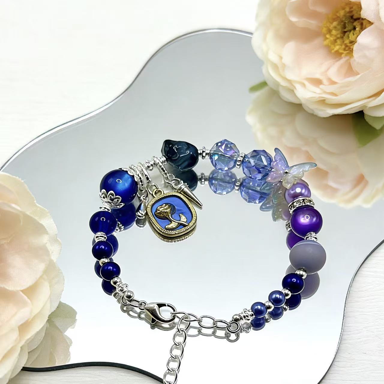 【Q802】ブルームーン 樹脂*瑪瑙*高級キラキラ*高級ガラスチャーム*薔薇*瑠璃