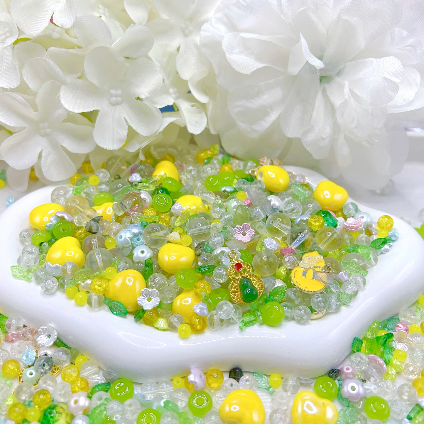 【Q790】レモンポップ 陶磁器*キャツアイ*花*葉っぱ*チャーム*瑠璃