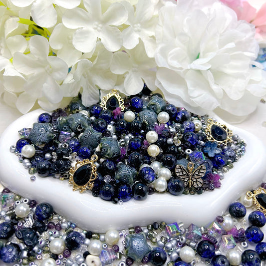 【Q789】エターナルネイビー 陶磁器*花*チャーム*チビビーズ*瑠璃